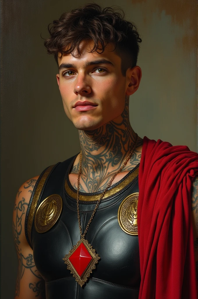 {{Masterpiece, best quality, oil painting, by Franz von Stuck, by James Tissot, male focus, muted colors}}, the composition is: (((((very dramatic half body portrait of a handsome 25 year old ancient Roman soldier, brown skin, tan, confident, magnificent, tattooed, smiling, brown hair. His face is tattooed, he has snake-like eyes))))). ((((He is wearing a silken, black and red ancient ronin armor with praetorian inspired elements made of alligator leather, he is wearing a red diamond shape pendant)))).