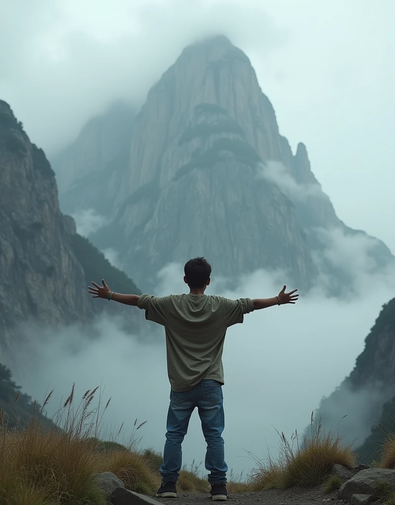 Teenage boy spreading his hands wide facing towards moutain cliff showing his back side wearing baggy jeans and shirt in foggy weather 