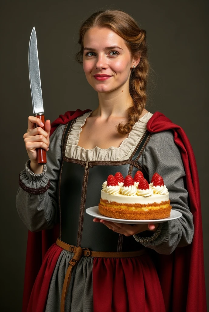 knife Joan of Arc holding a cake and a sign with confectionery