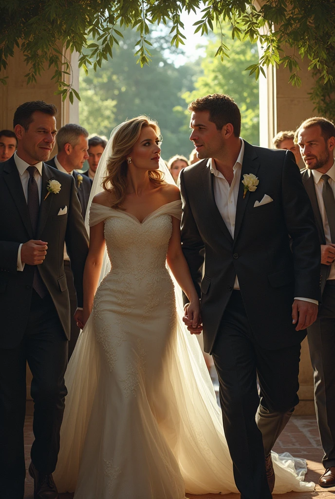 (Muscular:1.5), one male, one female, (female taller than male), bokeh, (two piece wedding dress), fully body view, split dress, abs, church, pews, detailed eyes, (athletic body:1.0), (muscular body:1.4), (looking at viewer) (Bulky:1.3), (smiling:1.4), dark studio, rim lighting, two tone lighting, dimly lit, low key (DETAILED SKIN), (groom), (skinny groom), walking down the aisle, (holding hands)