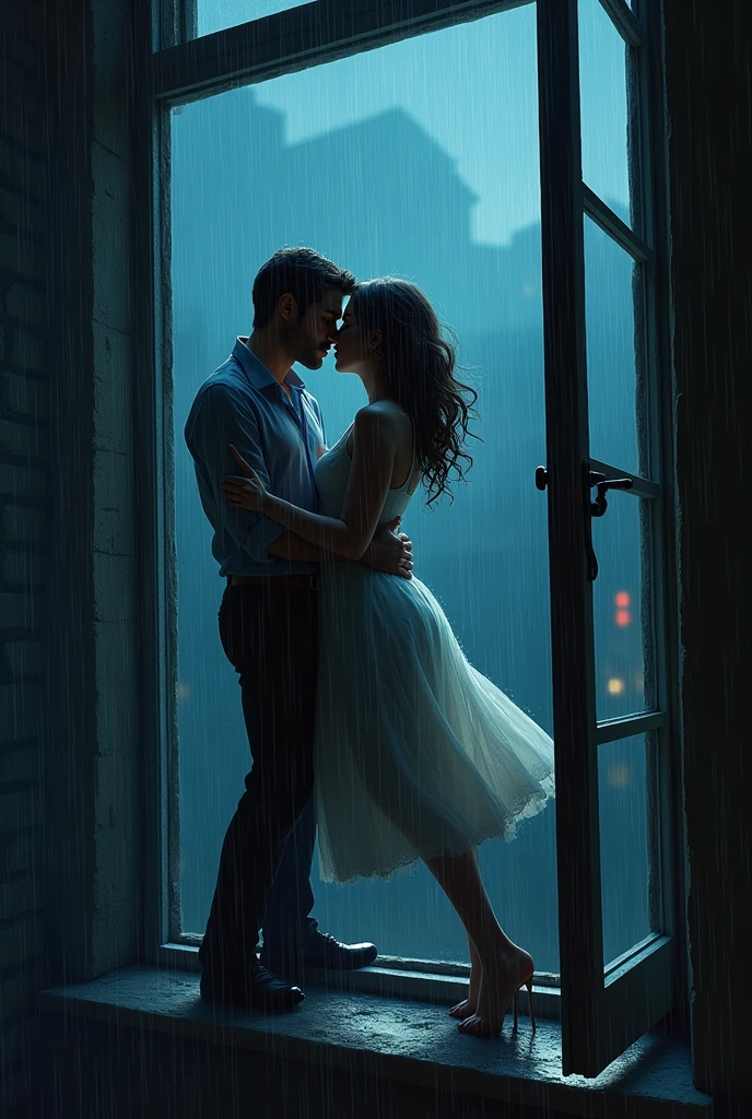 A couple, about to fall off an open window backwards outside rain them kissing ( he should behind the window she out)
