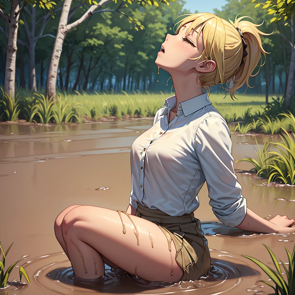 Solo girl, sweet blonde girl, 1 girl, muddy, dirty, ponytail hair, drowning in quicksand, mud, swamp, bog, grass, trees, white blouse, red miniskirt, (orgasm:1.5), (looking up:1.3), (eyes closed:1.4), from the torso up, (from side:1.4)
