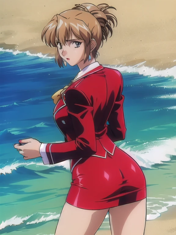 (((nsfw))), masterpiece, best quality, 1girl, looking at viewer, ultra detailed, cowboy shot, folded ponytail, long sleeves, red jacket, white shirt, earrings, ascot, brooch, red jacket, red pencil skirt, red lips, looking back, (pantylines:1.1), (beach, sandy shore, crashing waves, sunny:1.3), up-skirt, white underwear
