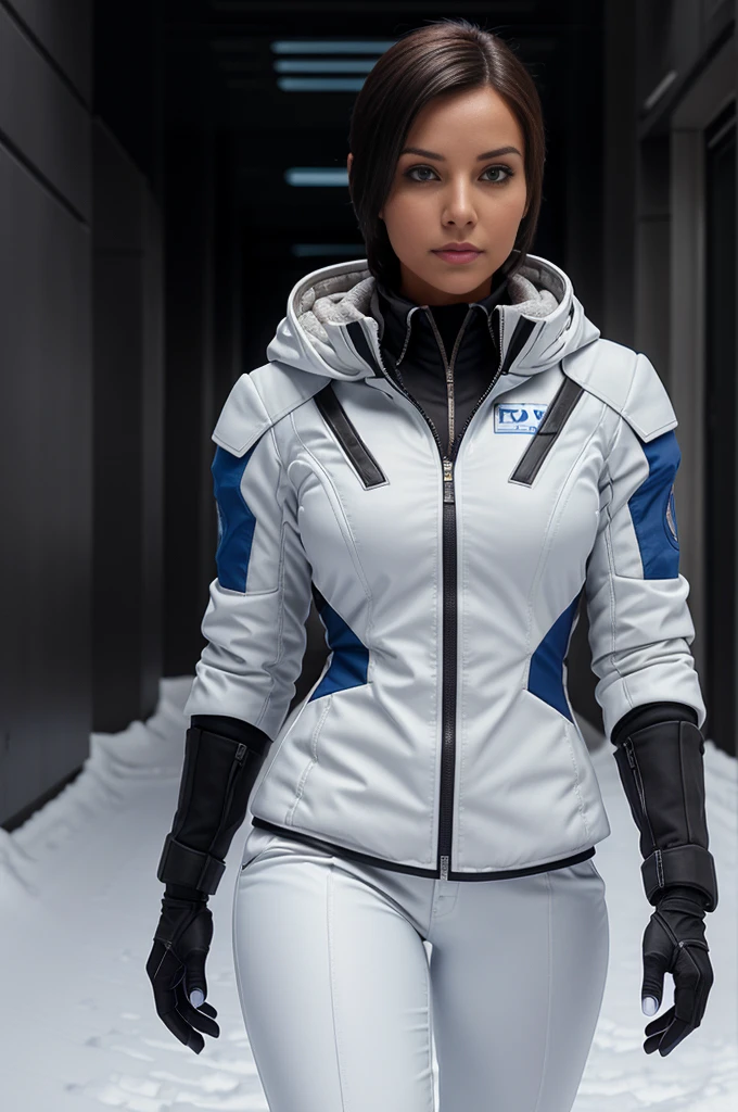 mass effect style,beautiful tanned russian adult female, delicate face features, playful expression, brown eyes, stylish black hair, wearing blue scientist uniform and white researcher coat, tight trousers, black military armor parts, rebel spirit, sexy posing, snow landscape