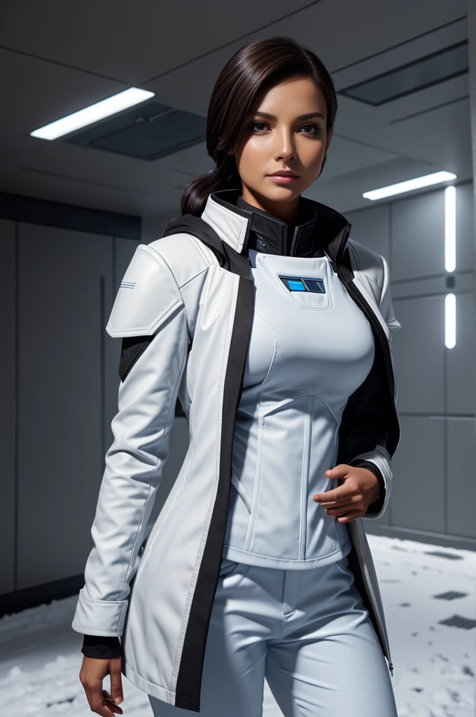 mass effect style,beautiful tanned russian adult female, delicate face features, playful expression, brown eyes, stylish black hair, wearing blue scientist uniform and white researcher coat, tight trousers, black military armor parts, rebel spirit, sexy posing, snow landscape