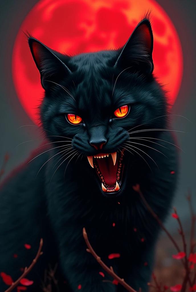 Horror cat with blood full moon night ,with attractive eyes, long teeth black theme.