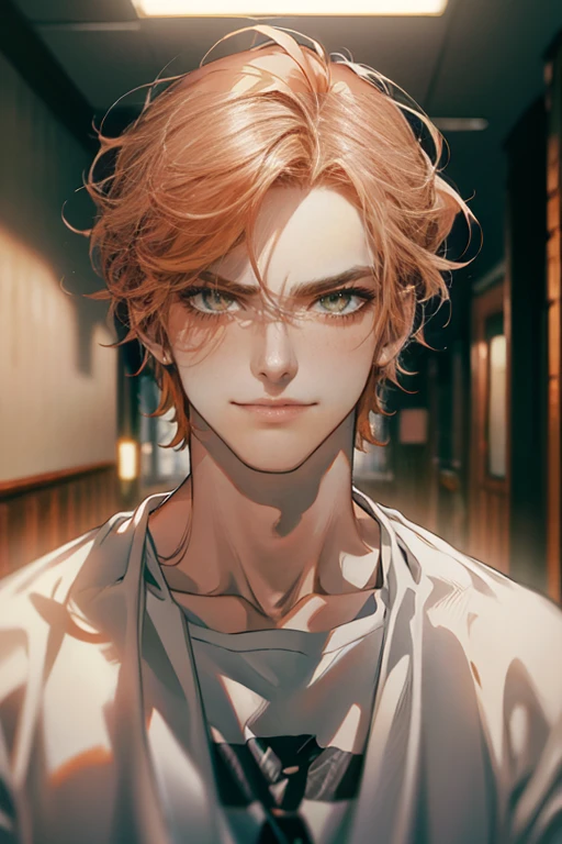 (tmasterpiece, high resolution, ultra - detailed:1.0), (1 male, madure, masculine face), Perfect male body, tall and strong, Adult male, Delicate eyes and delicate face, Extremely detailed CG, Unity 8k wallpaper, Complicated details, Detailed face, ( short gray orange hair, smile in love faces, white shirts,Bad students), (frown,smile:1.3), stad in school corridor, street style, color difference, Depth of field, dramatic shadow, Ray tracing, Best quality, Cinematic lighting, offcial art,Portrait