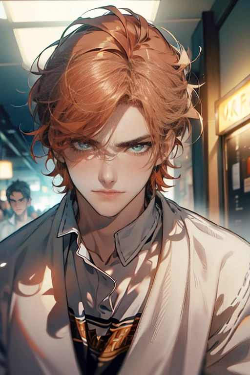 (tmasterpiece, high resolution, ultra - detailed:1.0), (1 male, madure, masculine face), Perfect male body, tall and strong, Adult male, Delicate eyes and delicate face, Extremely detailed CG, Unity 8k wallpaper, Complicated details, Detailed face, ( short  gray orange hair, smile in love faces, white shirts,Bad students), (frown,smile:1.3), stad in school corridor, street style, color difference, Depth of field, dramatic shadow, Ray tracing, Best quality, Cinematic lighting, offcial art,Portrait