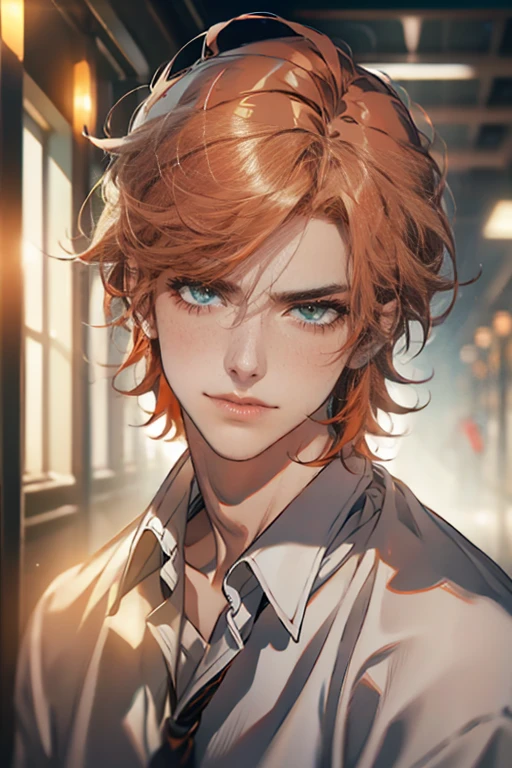 (tmasterpiece, high resolution, ultra - detailed:1.0), (1 male, madure, masculine face), Perfect male body, tall and strong, Adult male, Delicate eyes and delicate face, Extremely detailed CG, Unity 8k wallpaper, Complicated details, Detailed face, ( short gray orange hair, smile in love faces, white shirts,Bad students), (frown,smile:1.3), stad in school corridor, street style, color difference, Depth of field, dramatic shadow, Ray tracing, Best quality, Cinematic lighting, offcial art,Portrait