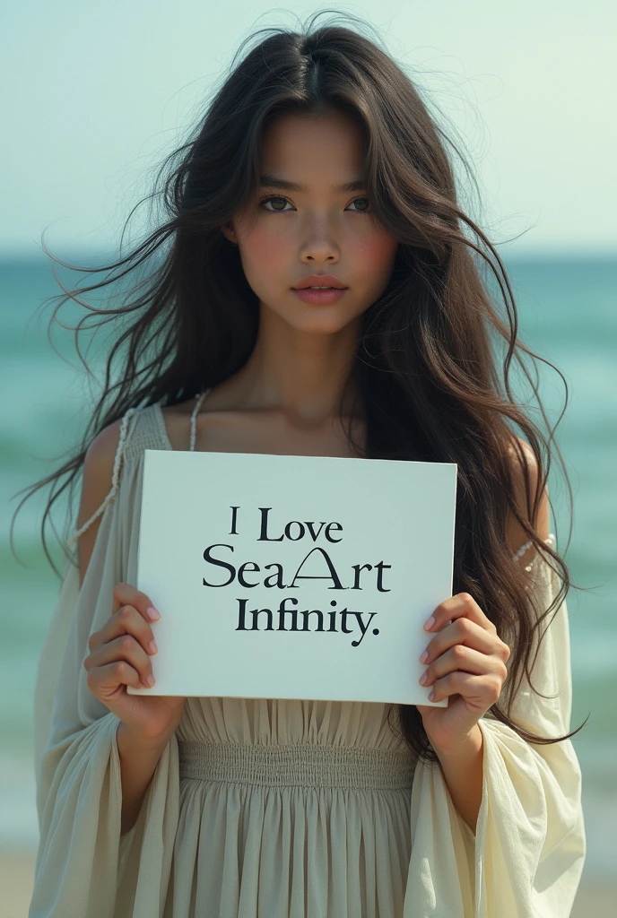 Beautiful girl with wavy long hair, bohemian dress, holding a white board with text "I Love Seaart Infinity" and showing it to the viewer