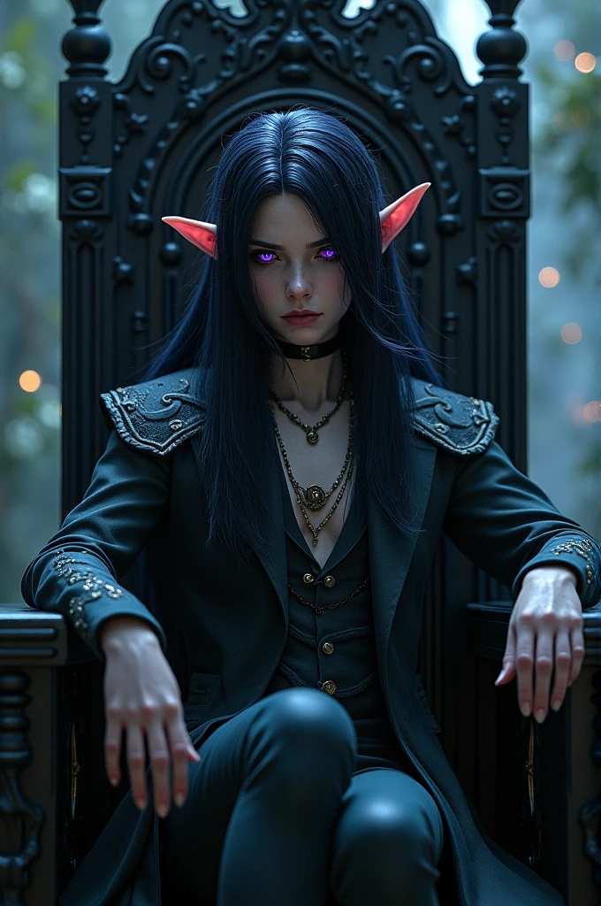 a fairy man with pointed ears, violet eyes, and long dark hair sits in a black chair