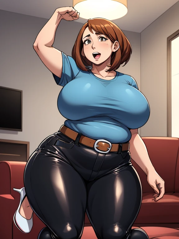 high quality, best quality, beautiful, perfect lighting, detailed face, mature face, ((1girl)), ((solo)), Imagine Ochaco Uraraka as an adult, 45 years old, mature face, fat face, chubby cheeks, slight wrinkles around the face, motherly, mom, MILF, plus sized milf, short brown hair, brown eyes, excited, cheering on, open mouth, looking at viewer, ((Wearing: dark blue shirt,black leather pants, white belt and white heels), ((motherly breasts)), wide hips, thick thighs, chubby, love handles, muffin-top, round belly, living room, right arm raised in the air, hands clenched into a fist
