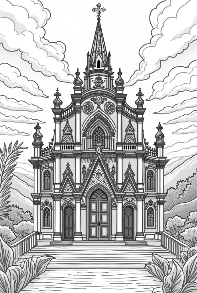 Reinterpret the work Church of Our Lady of Mount Carmel by Aleijadinho. I want it to be a coloring page, in good quality, like lots of details but with easy-to-draw lines