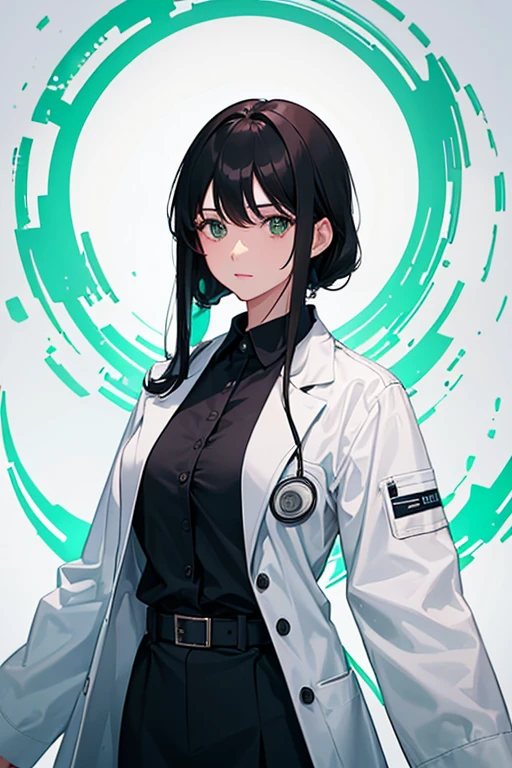 50 year old female doctor, wearing medical uniform, long black hair, doctor's clothing, white coat, green blouse, white pants, looking directly at viewer, white background.