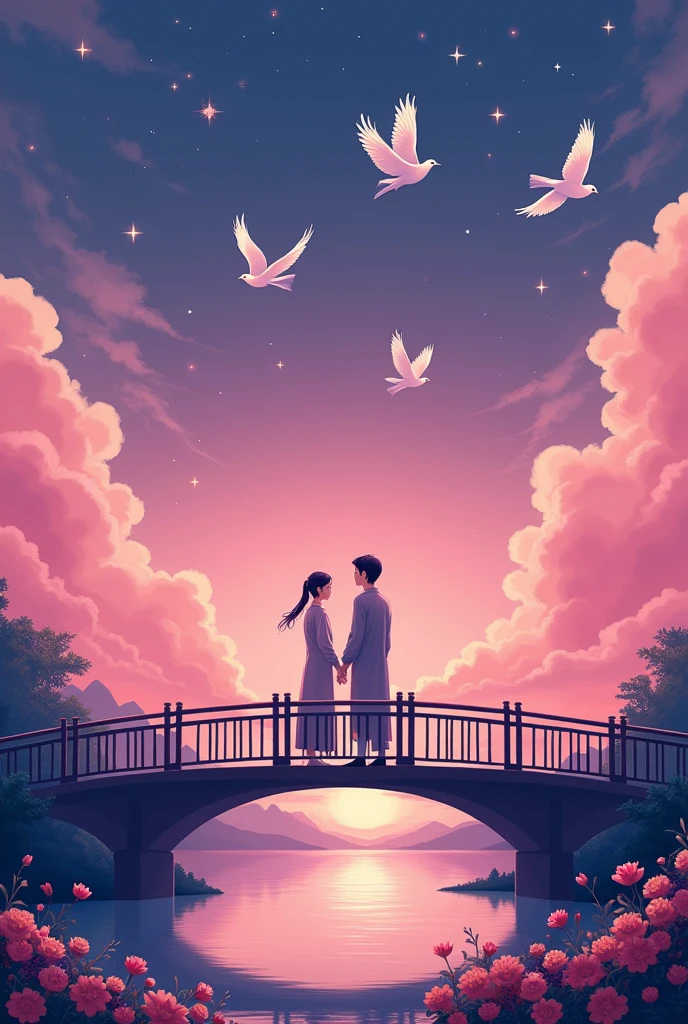 (Low Angle Shot:1.8), (((projected inset, dutch angle, vanishing point, from below))), (8k,Bright colors,Bright,Ultra high saturation,rgb, Colorful), Chinese style,(Love Poster:1.5),(Flat poster design),There are two people on the poster,Cowherd and Weaver Girl standing on an elegant bridge,The background is dreamy pink and purple,White magpies circling around them in the night sky,Surrounded by stars,Create a dreamy atmosphere,It is created in the style of Hayao Miyazaki's anime,In the foreground,There are some flowers in front,High Definition,High Detail,Dunhuang mural style,Dunhuang bright colors,Dunhuang Elements,Flat illustration