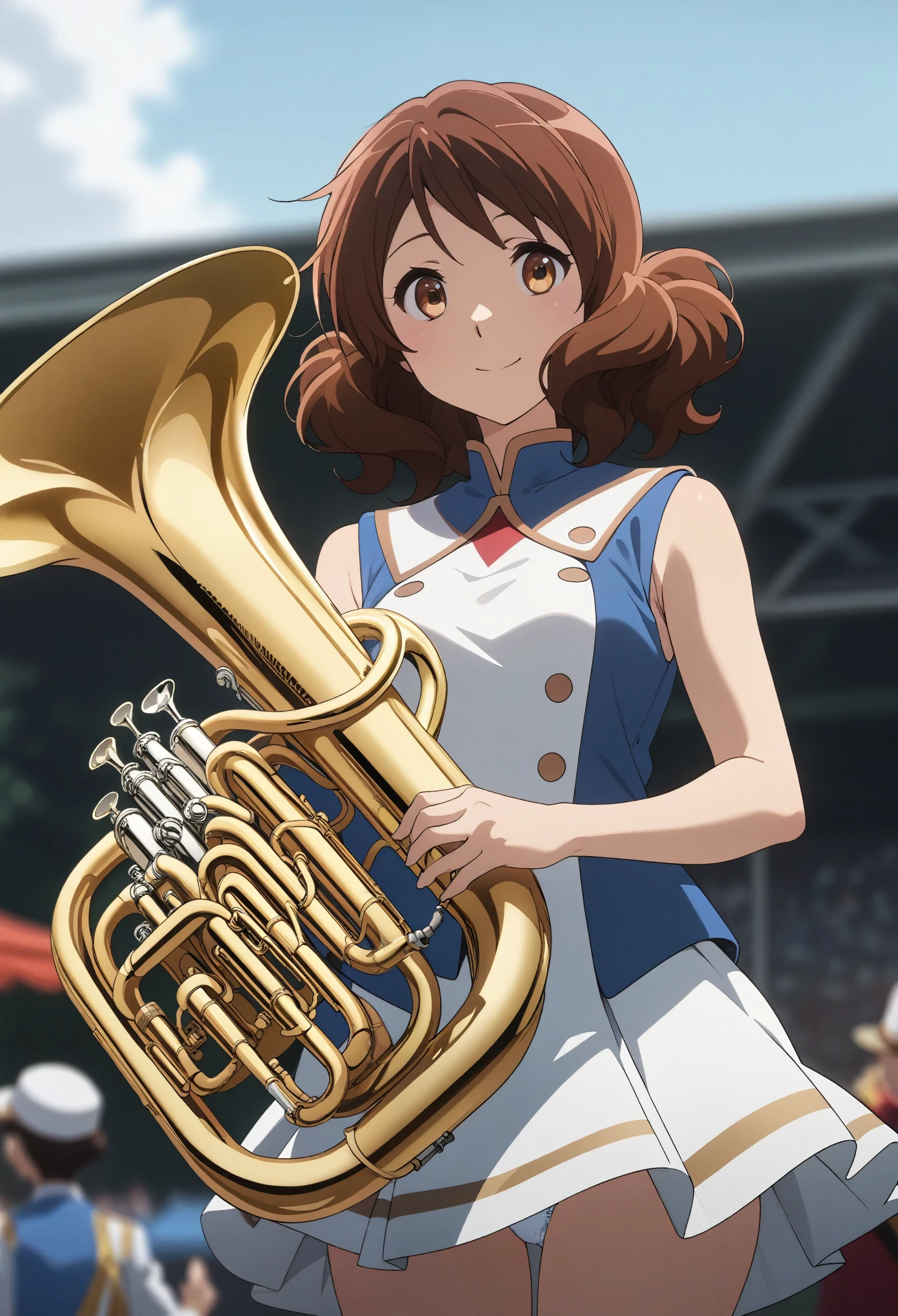 One girl,Oumae Kumiko,Medium Hair,Have a euphonium,
Sun Festival,band uniform,Mini Shako Cap,No sleeve,Blue Vest,Small breasts,smile,Cowboy Shot,Outdoor,
evaluation: general,masterpiece,Highest quality,  (Perfect hands, Perfect Anatomy), 1 girl,Cowboy Shot,Skirt flip,White lace panties,High quality anime、High resolution, Kumiko、Tabletop,band uniform,sunfes marching band uniform,[3D Images:1.5],[[Attractive eyes,Detailed eyes、Shining Eyes, Colorful eyes:1.15],whole、Looking at the audience,8k images,Cute Anime Girl,  (Perfect hands, Perfect Anatomy), I'm smiling at you、