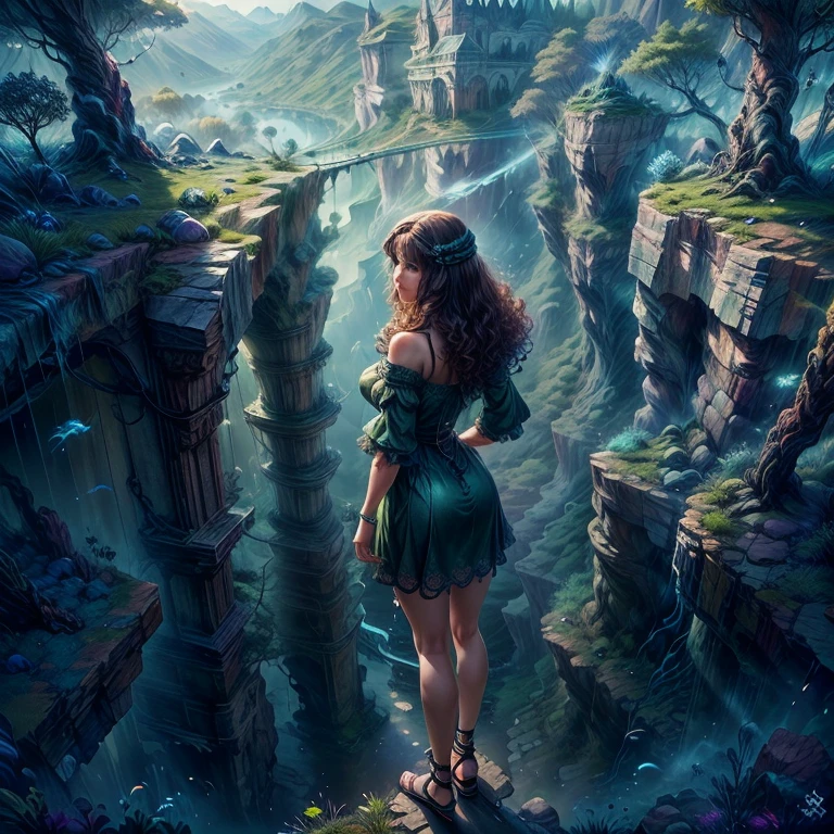 masterpiece, best quality, 1girl, long dark brown hair, curly hair, beautiful woman on the edge of a mountain canyon in a beautiful long old celtic dress; dressed in a combination of various shades of green; vintage sandals, well-defined thighs, back side view, isometric perspective, masterpiece, UHD