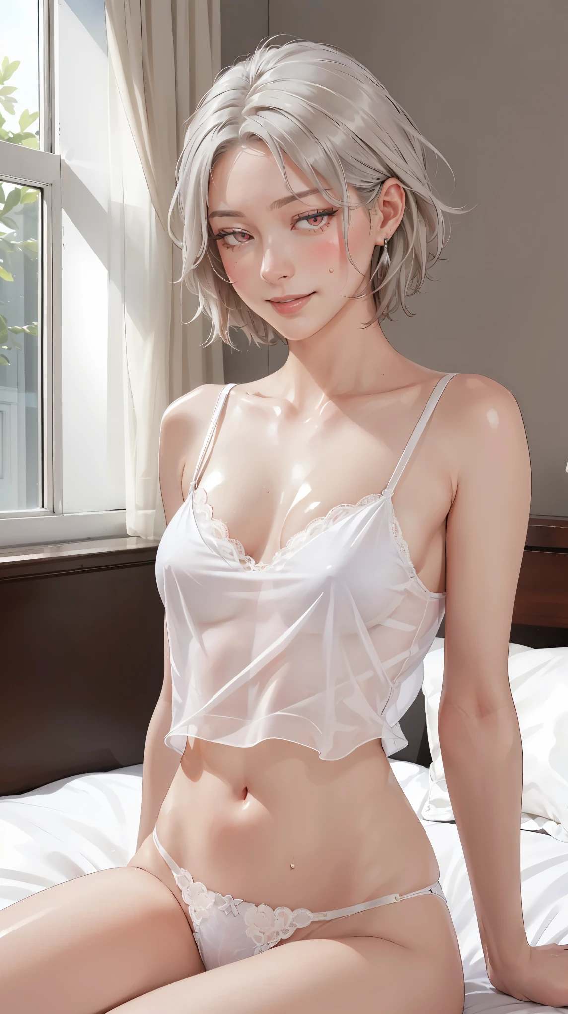 ((((masterpiece, best quality, high resolution)))), Extremely detailed 8K, Beautiful girl with voluptuous body, (Ultra HD, Ultra-detailed, Highly detailed, Highly realistic, Ultra-realistic, photograph realistic), (1girl:1.5), (Realistic white hair), (short silky hair, hair ornaments, earrings), (dynamic poses), facing at camera, looking at viewer, (blushing red, embarrassed, exhausted, smile), (bright red eyes, sharp eyes), (small perky breasts:1.2), (wide hips:1.2), (beautiful detailed face, beautiful detailed eyes), ((white translucent camisole, lace thong)), (sitting on bed:1.3), sweat, glow, (sunbeam, sunlight), ((cowboy shot)), seductive