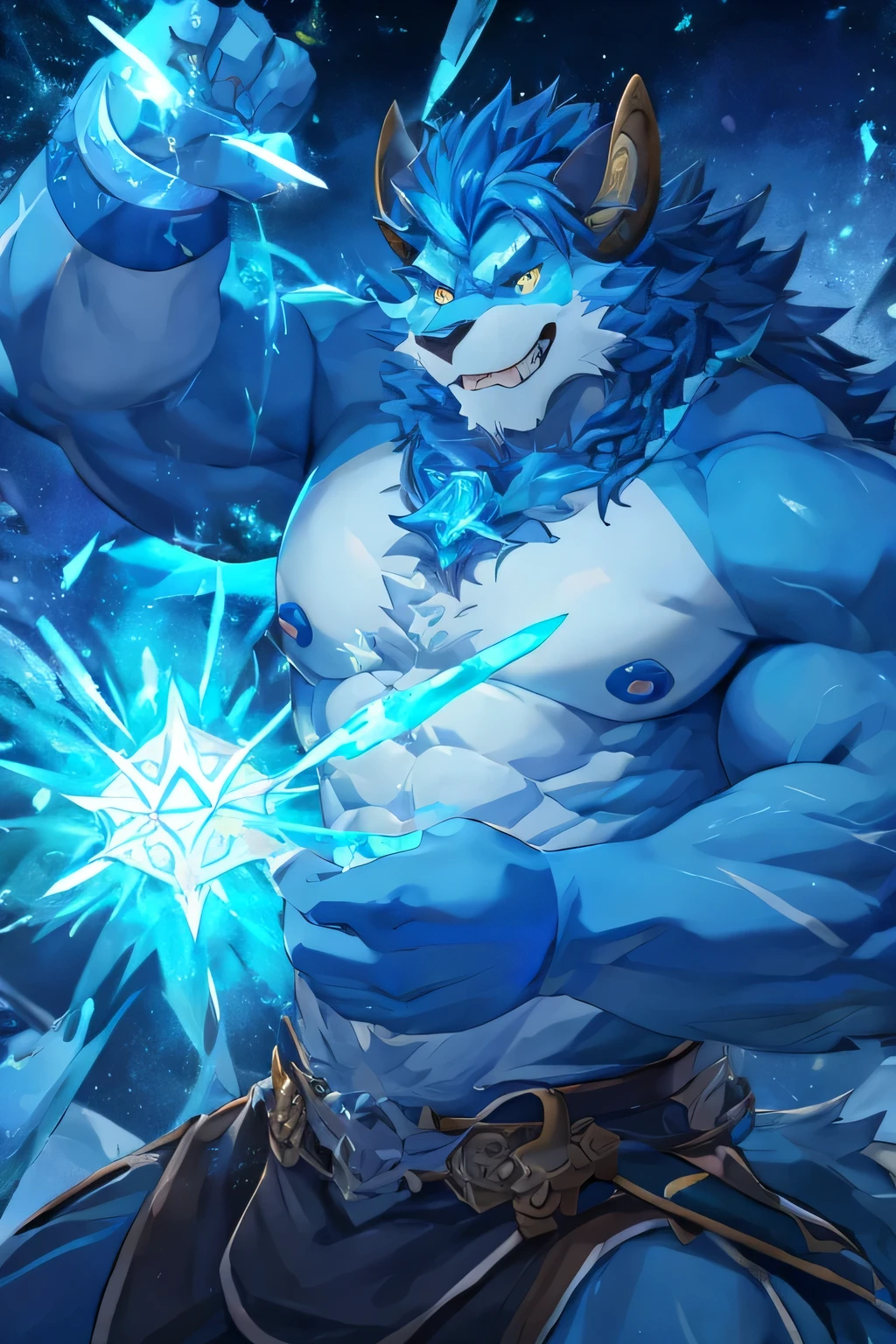 Beast-like body、Massive build、male、Age 35、solid muscles、Active、Golden Eyes、magic、ice、In combat、Blue body hair、Blue Particles、magic陣、smile、Mouth open
