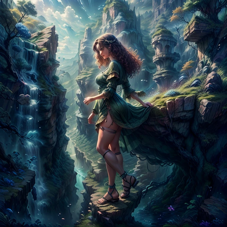 masterpiece, best quality, 1girl, long dark brown hair, curly hair, beautiful woman on the edge of a mountain canyon in a beautiful old celtic dress; dressed in a combination of various shades of green; vintage sandals, well-defined thighs, front side view, isometric perspective, masterpiece, UHD