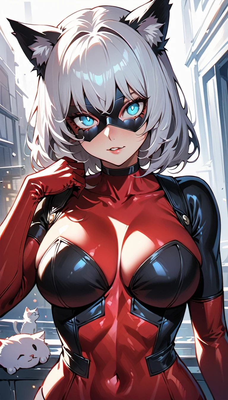 (high quality, 8k, 4K, high contrast, artwork:1.2, high quality, best aesthetics), (centered), ((1 woman)), erotic, sensual, mature body, grown woman, super detailed, beautiful face detailed, beautiful eyes detailed, detailed beautiful mouth, (messy long white hair), (white cat ears), (blue cat eyes), (relaxed expression), (piercing gaze), (looking at viewer), (standing), (straight body posture), (woman's front angle), (female version Deadpool hero costume), (black hero mask around the eyes), 