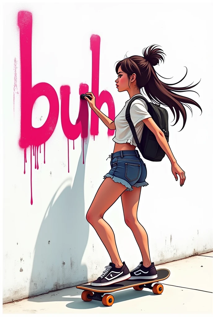 A woman graffitiing the name buh, cartoon, dressed in loose clothing, with a white background Skater style clothes