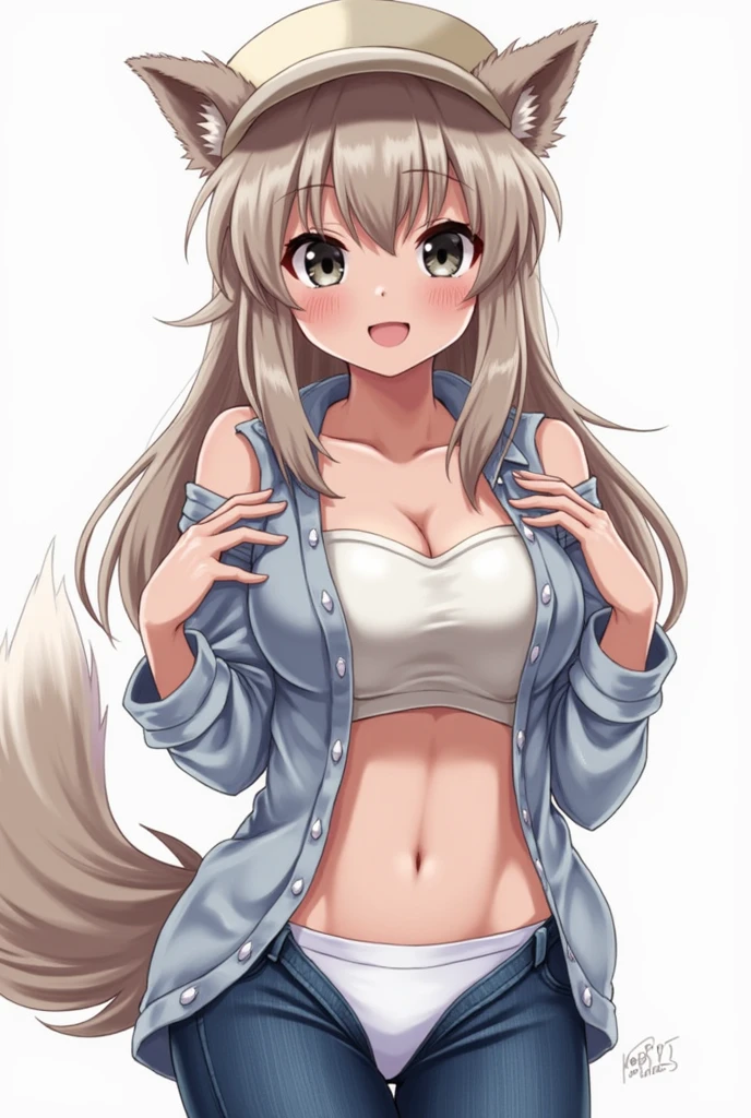 hat, pants, long hair, white panties, smile, navel, breasts, off shoulder, furry, black eyes, denim, furry female, eyes visible through hair, dog boy, crop top, midriff, jeans, shirt, holding, cleavage, blue pants, animal ears, looking at viewer, lowleg, tail, perfect hands, beanie, naked, no clothes, cum, dick in mouth.