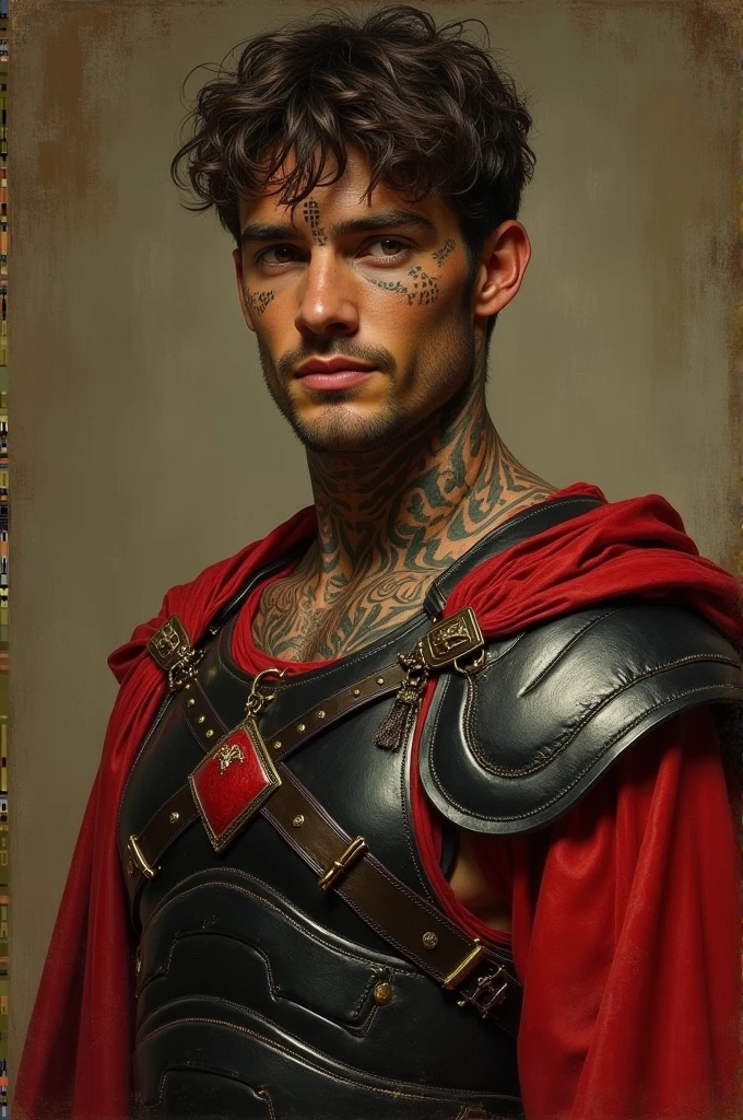 {{Masterpiece, best quality, oil painting, by Franz von Stuck, by James Tissot, male focus, muted colors}}, the composition is: (((((very dramatic half body portrait of a handsome 30 year old ancient Roman soldier, brown skin, tan, confident, magnificent, tattooed, smiling, brown hair. His face is tattooed, he has snake-like eyes))))). ((((He is wearing a silken, black and red ancient ronin armor with praetorian inspired elements made of alligator leather, he is wearing a red diamond shape pendant)))).
