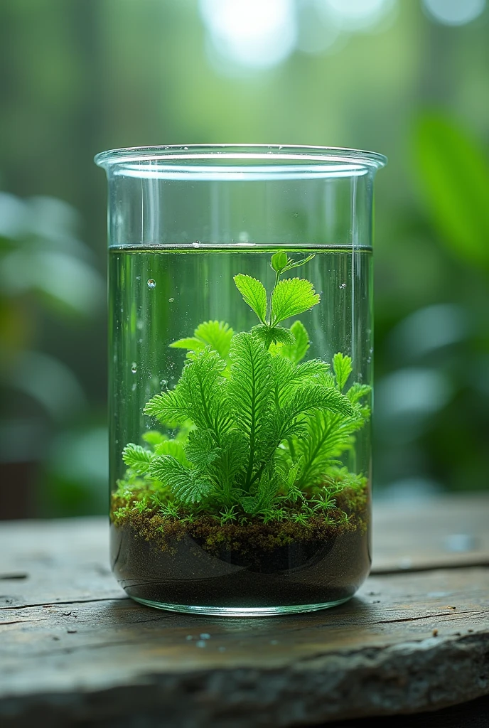 In a flask ,an eatable algae and hydroponics merge 3D image realistic