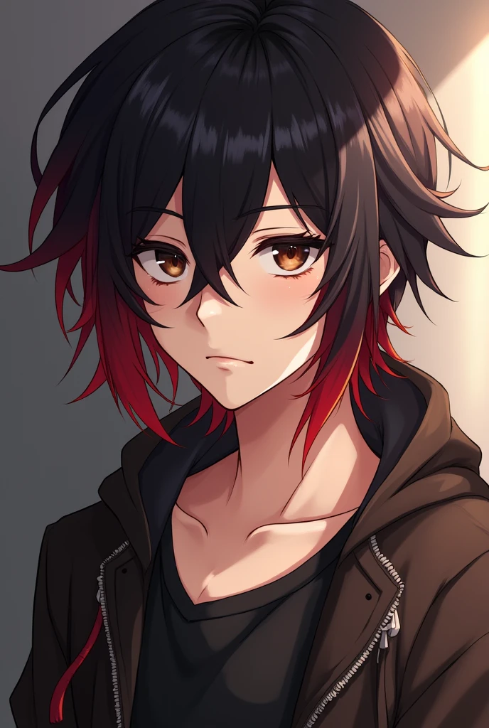 Light-skinned anime man with half-long right black and left red hairstyle, dark brown eyes, serious face