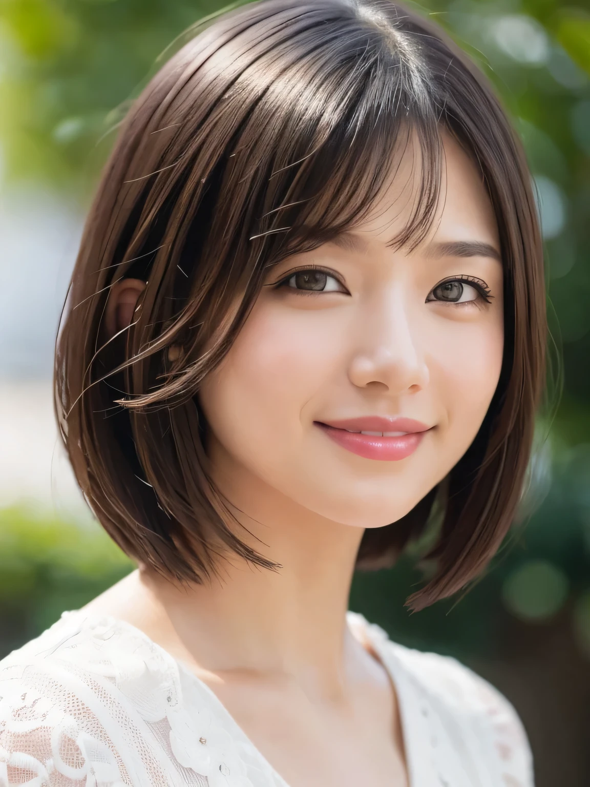 One-length bob cut hair, light smile, first-person view, close-up, Very beautiful ID photo, uhd, anatomically correct, super detail, high details, best quality, 16K, Perfect Makeup, Glossy pink lips、