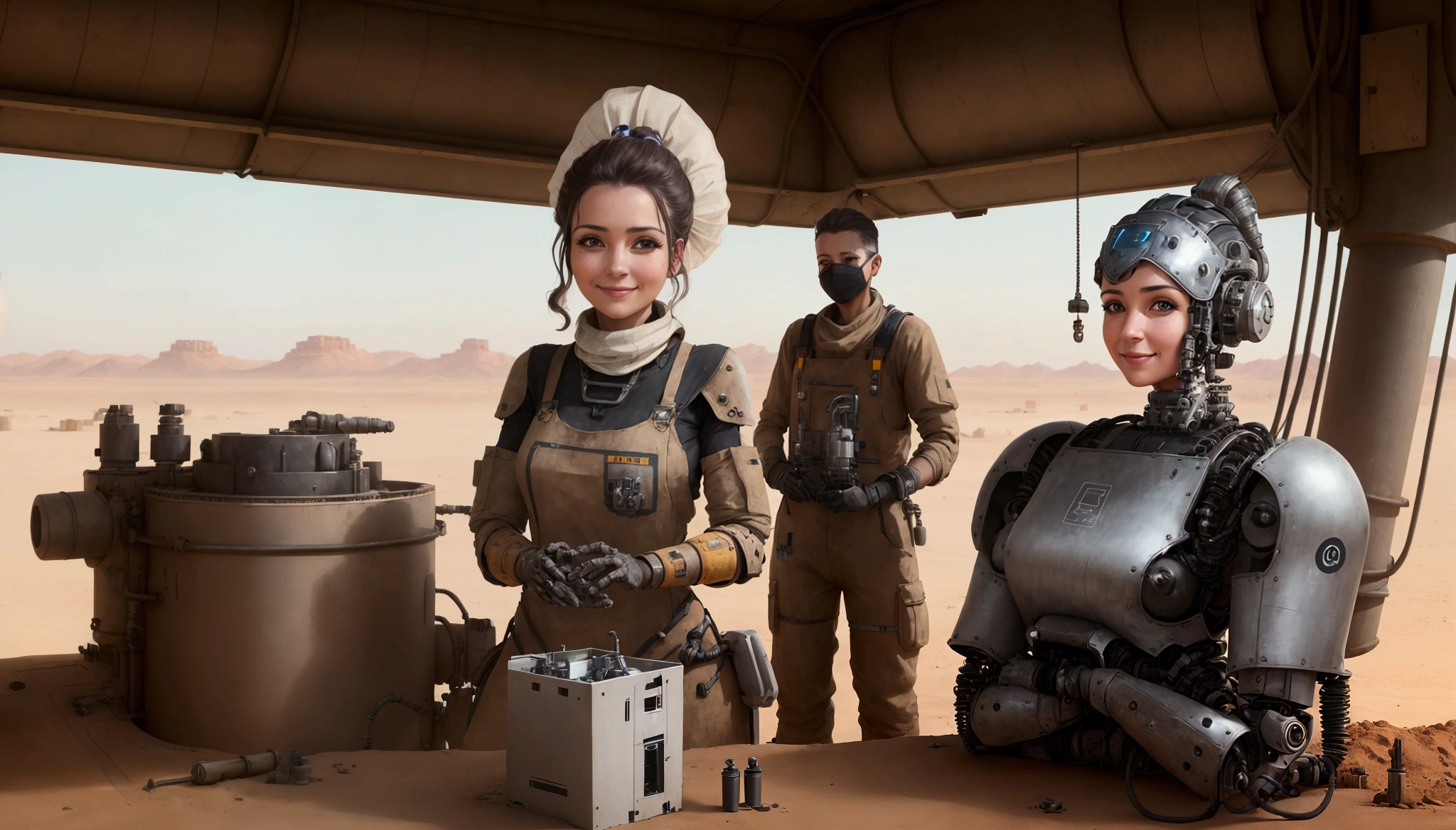 Industrial Robotic arm. The woman smiles gratefully. They are working in a robotic factory. looking at camera. she is in front. She is dressed in desert clothing and next to her is a schnauzer dog