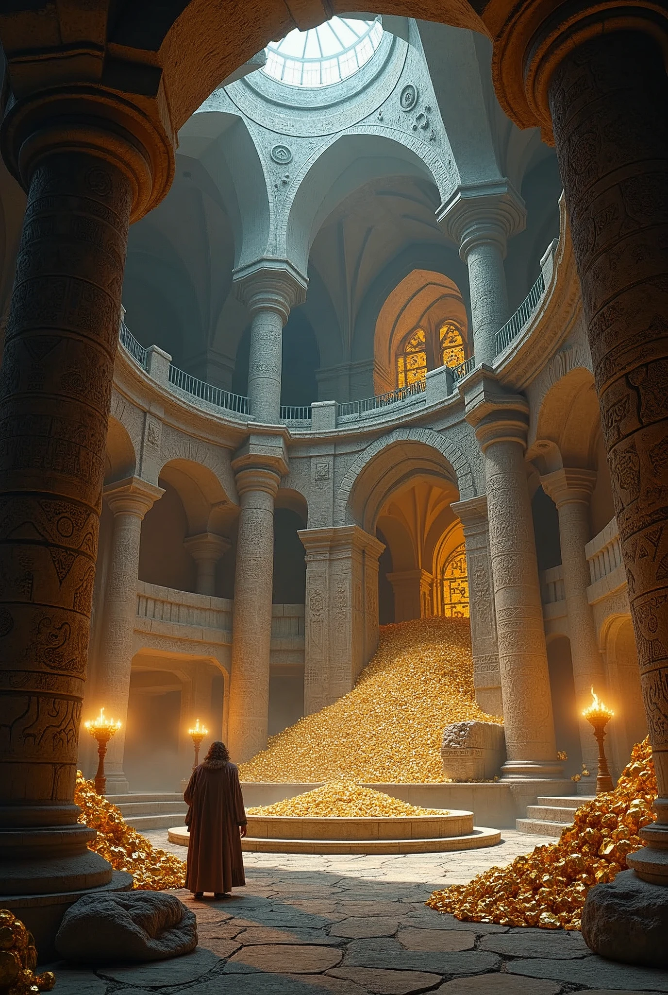 [Core Concept] A breathtaking scene depicting the ancient and legendary treasury of the dwarven people, a hidden wonder filled with untold riches and mystical artifacts.

[Character Description] Towering stone columns and archways carved with intricate dwarven runes and patterns stand guard over the vast chamber, hinting at the skilled craftsmanship and engineering prowess of their creators.

[Environment/Background] The treasury is set deep underground, the vaulted ceilings illuminated by the warm glow of glowing gemstones and flickering torchlight, casting a rich, golden ambiance throughout the cavernous space.

[Style and Atmosphere] An atmosphere of reverence and awe permeates the scene, as if the viewer is granted a rare glimpse into the sacred, time-honored traditions and wealth of the dwarven civilization.

[Composition] The composition features a sweeping, panoramic view that captures the grand scale and imposing majesty of the dwarven treasury, drawing the eye towards the central hoard of precious metals, jewels, and ancient artifacts.

[Details and Embellishments] Intricate carvings, gilded accents, and the occasional sighting of a dwarven guardian or wandering scholar add to the sense of mystique and wonder, hinting at the untold stories and history contained within this hidden, subterranean realm.

[Technical Specifications] The image should be rendered in a highly detailed, photorealistic style, with a focus on capturing the magnificent architecture, the opulent treasure hoard, and the overall sense of grandeur and timelessness that defines the ancient treasury of the dwarves.