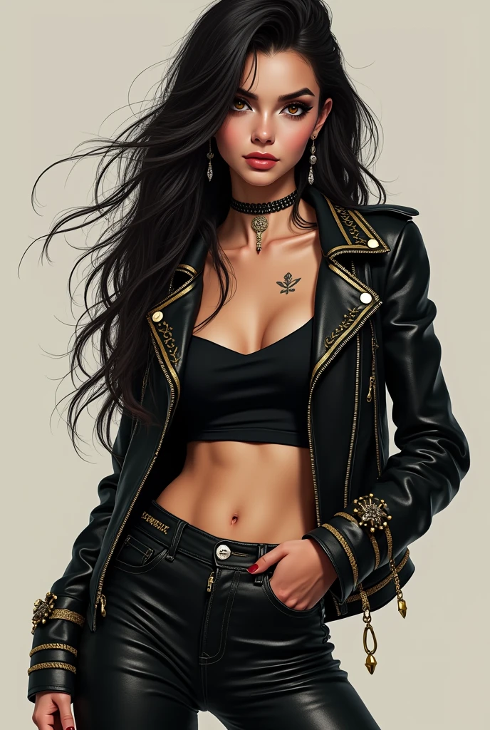 A girl with tight flexible pant and full sleve leather jacket with golden lining and  red polished nail and long hair ,eyes black lined her eyes is black lined her jacket has golden stitches and a long earings and a small tatoo near her right eye