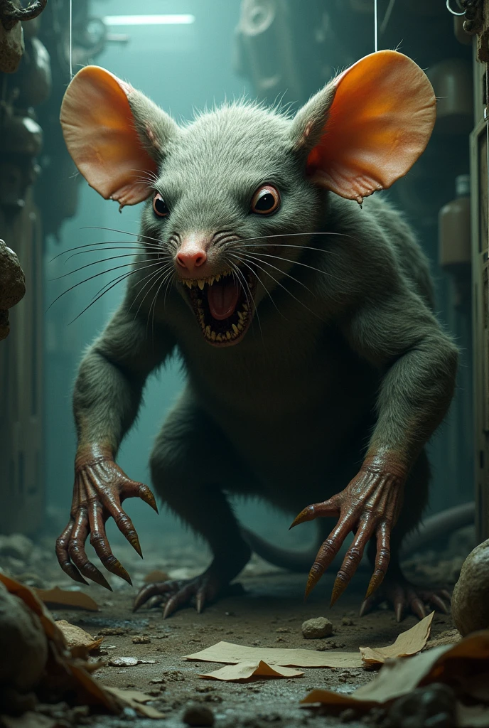 Giant rat with zombie flesh and bone wearing a teleport device eating a person