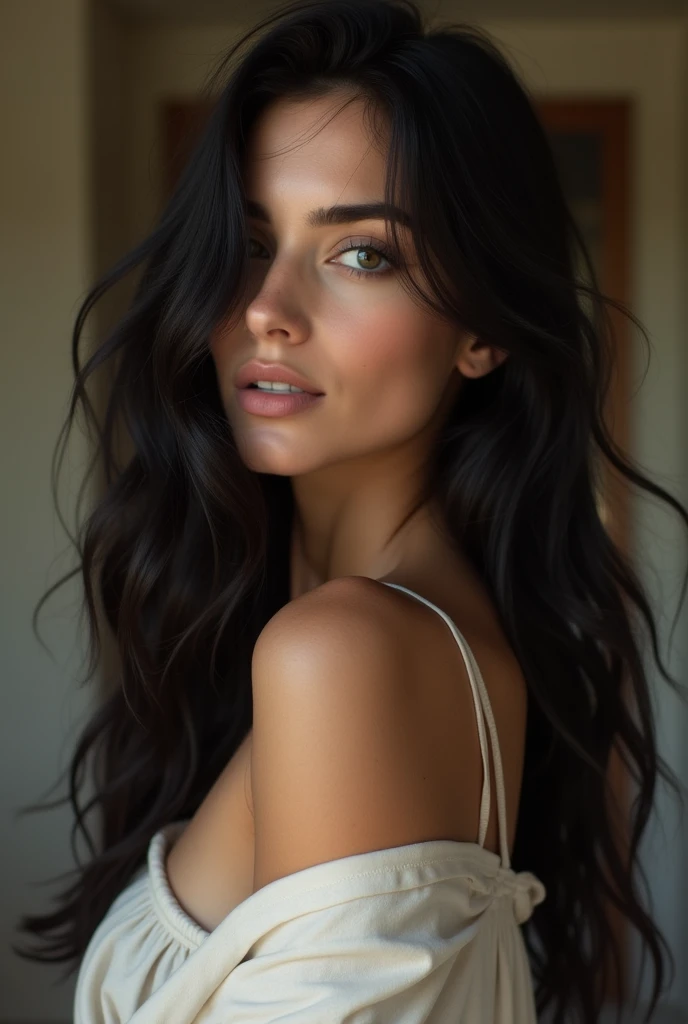 A white woman with long, wavy black hair, his eyes were serious and seductive, His lips were a little serious but he seemed to want to smile. She was wearing only a loose shirt that reached the end of her thighs.. His face was tilted upward as if he was looking at someone. She was attractive and was inside a house