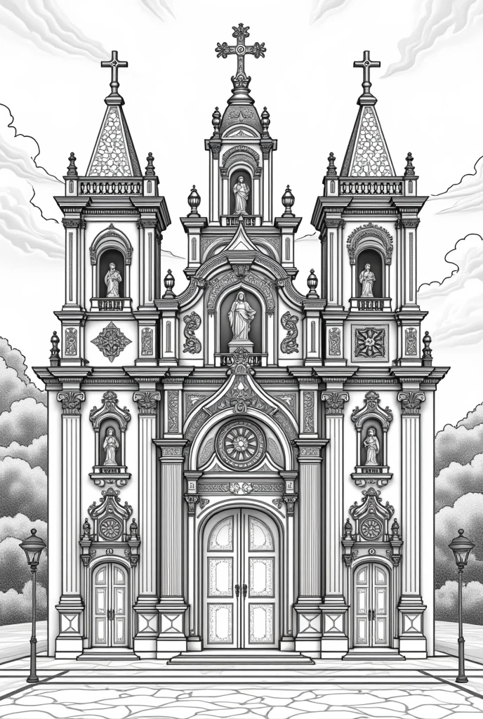 Reinterpret the work Church of Our Lady of Mount Carmel by Aleijadinho. I want it to be a coloring page, in good quality, like lots of details but with easy-to-draw lines