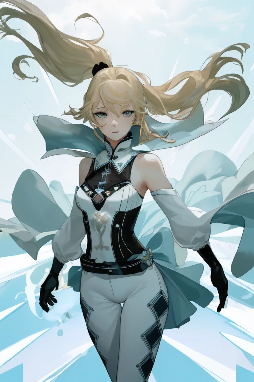 ((masterpiece,best quality)),(negative space:1.4),(1girl, solo:1.4),beautiful detailed eyes,floating blond ponytail hair, long white pants, perfect body, white clouds and blue sky, green grass, white flowers, dynamic pose, happy, walking outside in a sunny day