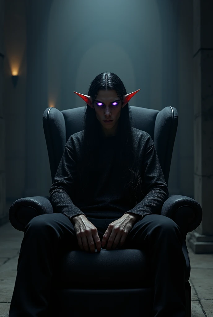 Guy with pointy ears, with long dark hair, sitting in a black chair. purple eyes