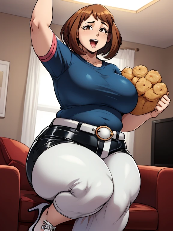 high quality, best quality, beautiful, perfect lighting, detailed face, mature face, ((1girl)), ((solo)), Imagine Ochaco Uraraka as an adult, 45 years old, mature face, fat face, chubby cheeks, slight wrinkles around the face, motherly, mom, MILF, plus sized milf, short brown hair, brown eyes, excited, cheering on, open mouth, looking at viewer, ((Wearing: dark blue shirt,black leather pants, white belt and white heels), ((motherly breasts)), wide hips, thick thighs, chubby, love handles, muffin-top, round belly, living room, right arm raised in the air, hands clenched into a fist
