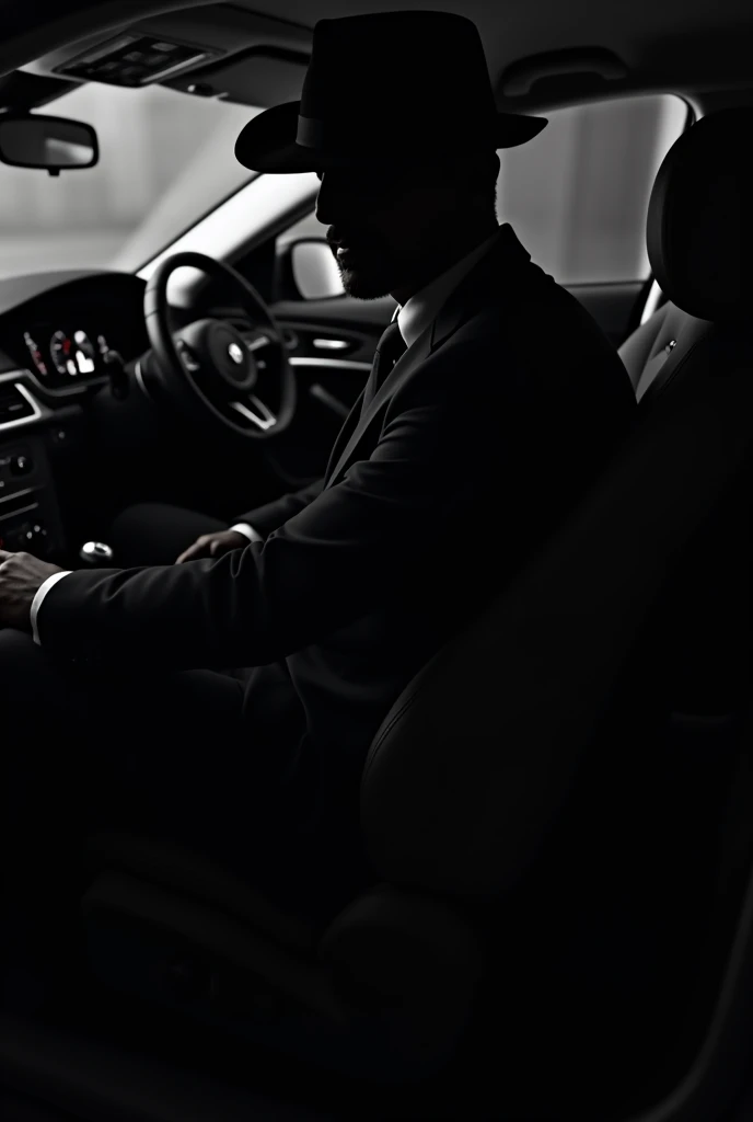 Generate an image of a dark, mysterious figure sitting in the driver’s seat of a luxury car. The car should be fast and sleek, but you should only be able to see the silhouette of the person in the driver’s seat. The person should be wearing a suit and tie, but their face should be obscured by a hat or a shadow.”
