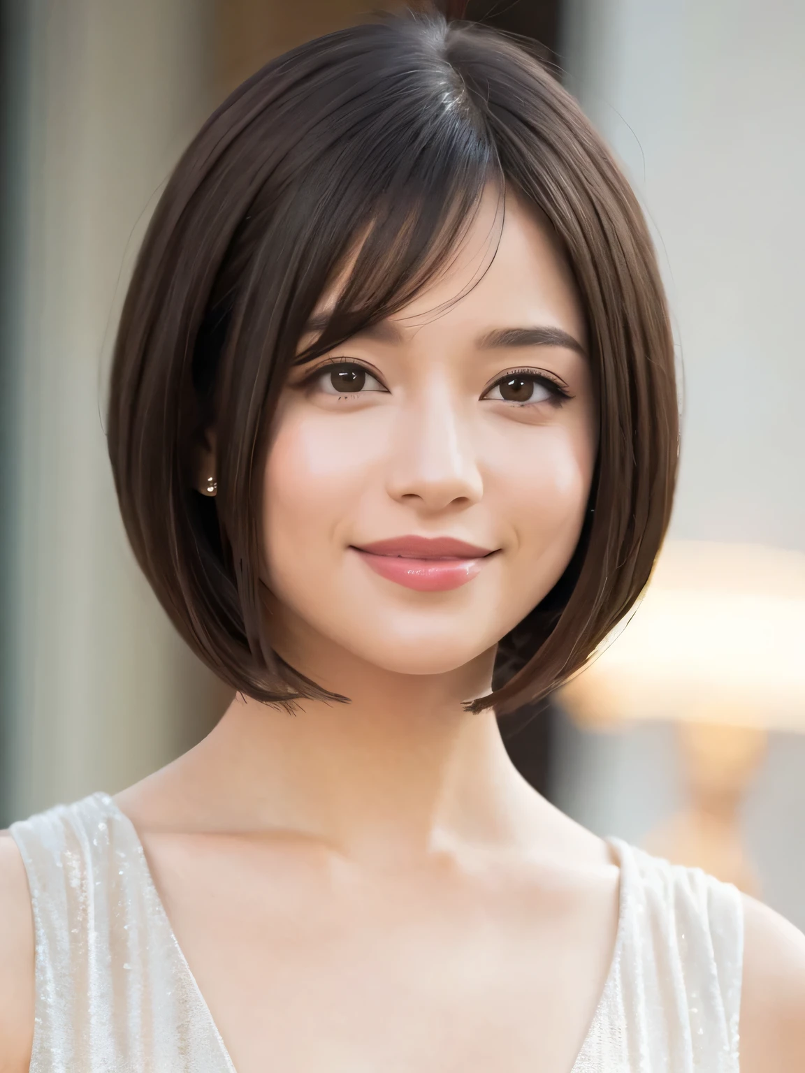 One-length bob cut hair, light smile, first-person view, close-up, Photo taken from directly in front, uhd, anatomically correct, super detail, high details, best quality, 16K, Perfect Makeup, Glossy pink lips、