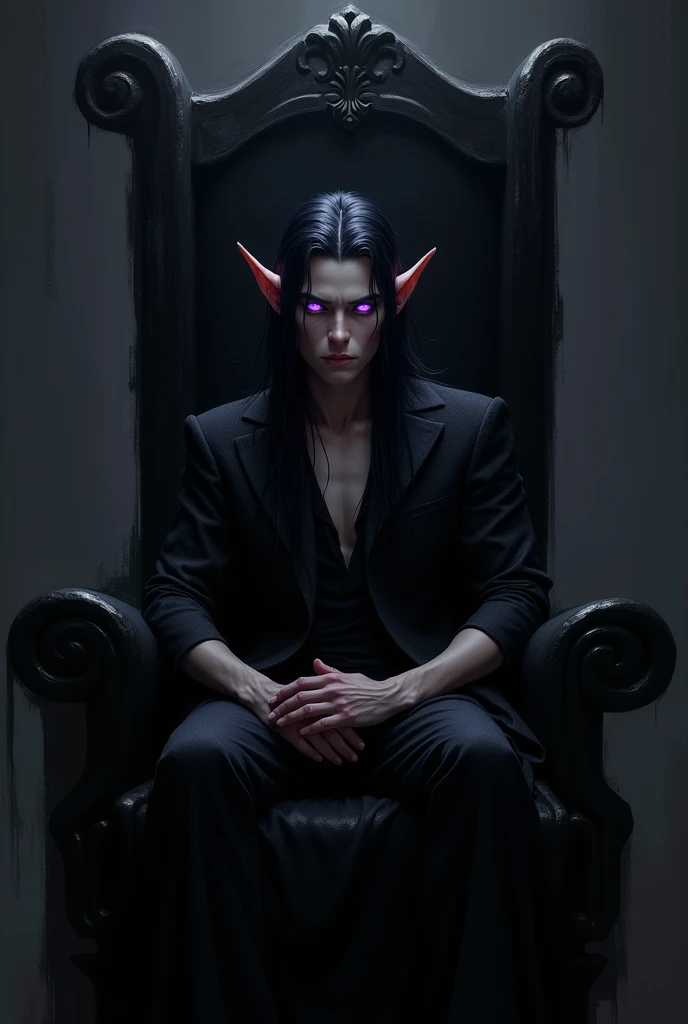 A young elf man with purple eyes with long dark hair sits in a black chair

