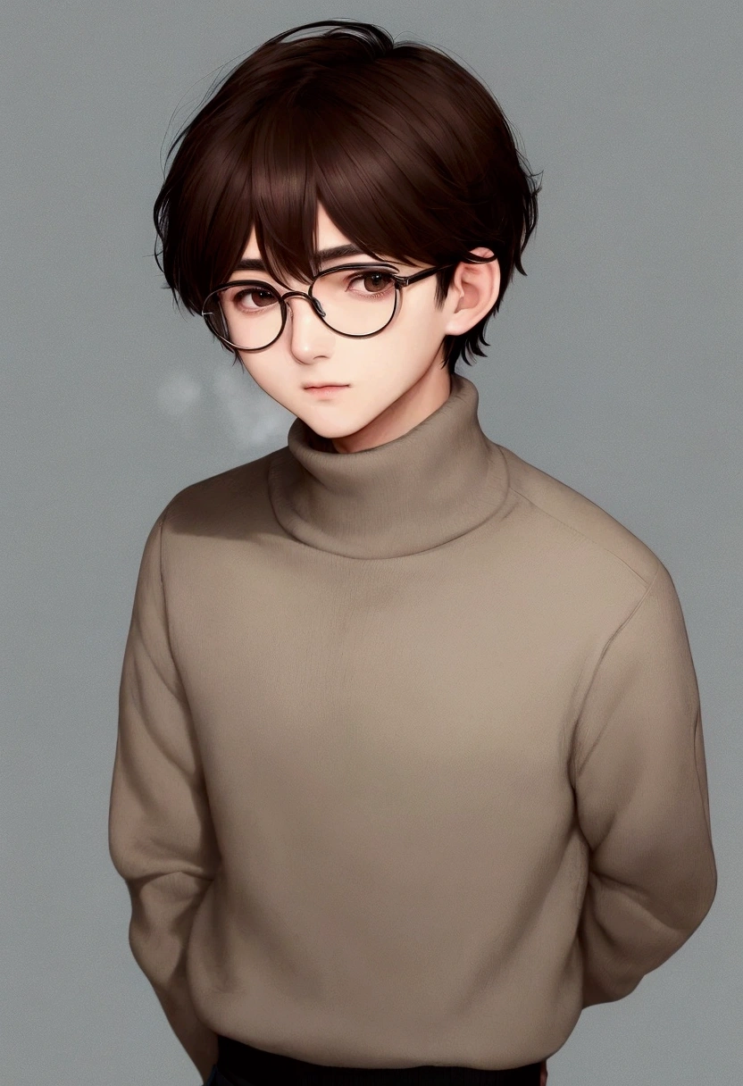A young man of 17 years old, with brown disheveled hair, cute face, boxy face, wearing bluish spectacles and brown eyes, wearing white turtleneck.