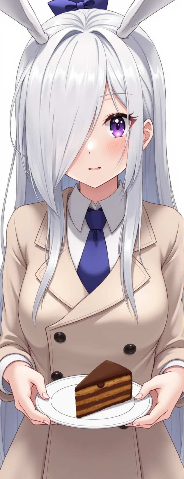 A girl, bee, purple eyes, long white hair with a strand covering his left eye, holding a plate with a piece of cake