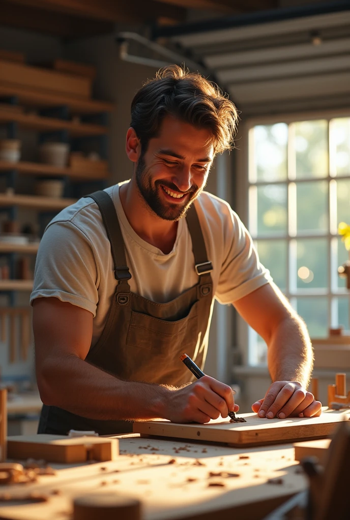 Pour créer une image détaillée et réaliste de cette scène, voici les éléments à inclure :

- **Menuisier de 30 ans** : Le menuisier est un homme dans la trentaine, avec un visage souriant et une expression de bonheur et de concentration. Il a des cheveux courts et est habillé en tenue de travail, comme un t-shirt simple et un tablier de menuisier. De petites perles de sueur sur son front montrent qu'il a chaud, probablement en raison du travail physique et de la chaleur de l'atelier.

- **Fabrication du berceau**: Il est en train de fabriquer un berceau en bois sur un établi dans son garage. Il peut être vu en train de raboter une pièce de bois, la façonnant avec soin. Le berceau est en cours de construction, montrant une structure robuste et artisanale.

- **Établi avec outils** : Sur l'établi en bois, à côté du menuisier, il y a un rabot et des ciseaux à bois, des outils essentiels pour son travail. Un crayon de menuisier et une équerre sont également posés près de lui, indiquant qu'il prend des mesures précises pour s'assurer que chaque pièce du berceau est parfaite.

- **Copeaux de bois au sol**: Le sol autour de l'établi est jonché de copeaux de bois frais, montrant l'activité en cours et l'effort investi dans la fabrication du berceau.

- **Ambiance du garage** : Le garage est bien éclairé par la lumière naturelle venant d'une fenêtre ou d'une porte ouverte. On peut voir des étagères avec d'autres outils et morceaux de bois en arrière-plan, ajoutant à l'ambiance chaleureuse et artisanale de l'atelier.

Cette scène peut être visualisée avec un mélange de chaleur et de créativité, capturant la passion et la satisfaction du menuisier alors qu'il crée quelque chose de significatif pour sa famille ou ses proches. 

Pour obtenir une image de cette scène :

1. **Photographie** : Un photographe professionnel pourrait recréer cette scène en utilisant un modèle et un atelier réel.
   
2. **Illustration numérique** : Un artiste pourrait créer une illustration ou une pein
