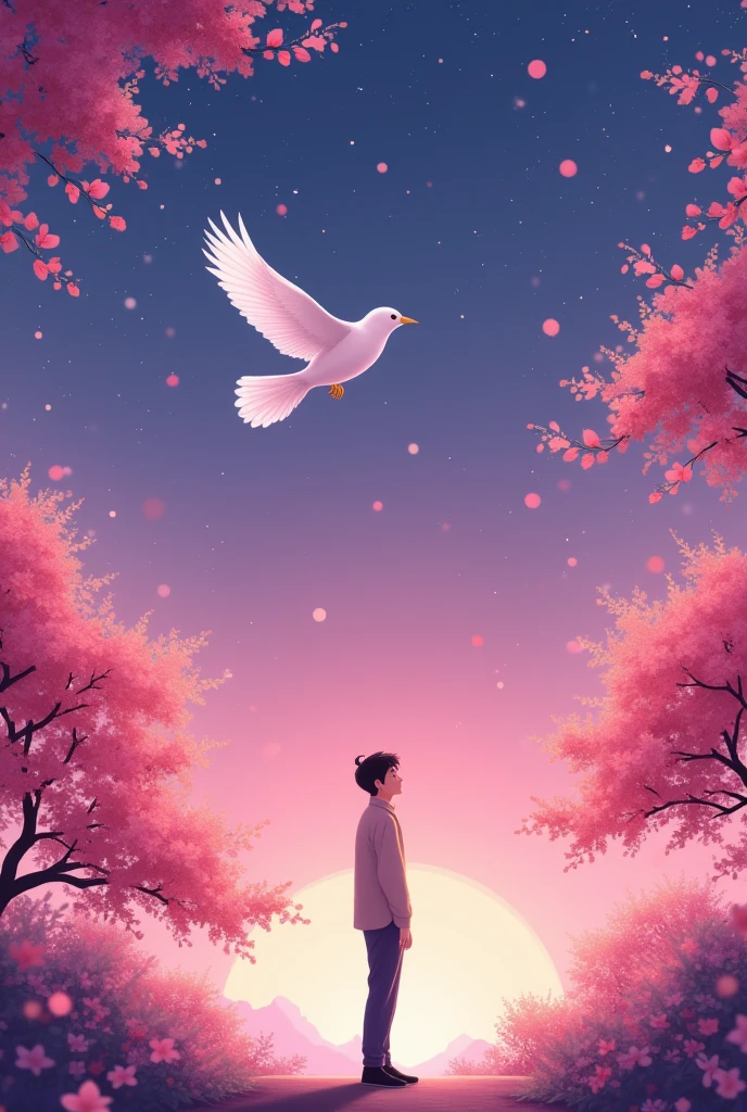 （Low angle shot：1.8）、（（（Projection illustration，Hook of Holland，Vanishing Point，From below）））、（8k，Bright colors，Bright，Ultra high saturation，rgb，Colorful），Chinese style，（Love Poster：1.5），（Flat poster design），The background is dreamy pink and purple，White magpie circling in the night sky，Surrounded by stars，Create a dreamy atmosphere，Anime created in the style of Hayao Miyazaki，In the foreground，There are some flowers in front，High Definition，High Detail，Dunhuang mural style，The bright colors of Dunhuang，Dunhuang Elements，Flat illustration，There is a person on the poster，Man leaning against a peach tree
