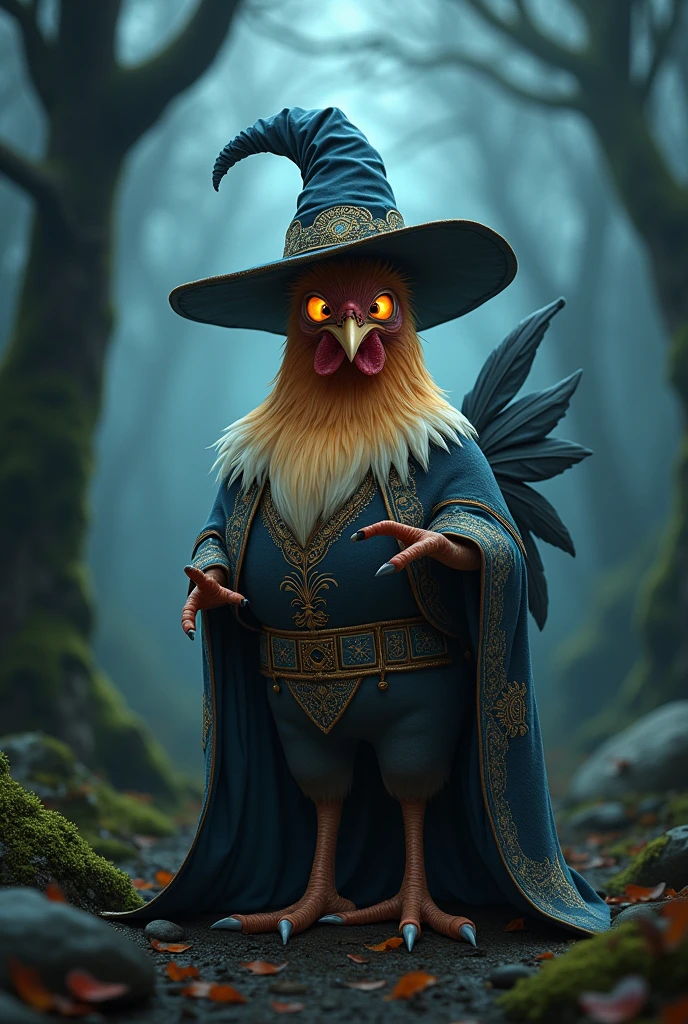 Create a witch chicken in a witch outfit 