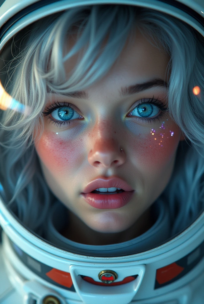 (Close-up of a better masterpiece:1.5)0.9], (Space and astronauts:1.2) (Messy silver hair:1.1) (Heterochromia xanthochromia and blue eyes:1.2) (Space Helmet:1.0) (Colored stars in the eyes:1.0) (A radiant glow:1.1) (thick lips:0.9) coloque uma placa em banco atraz