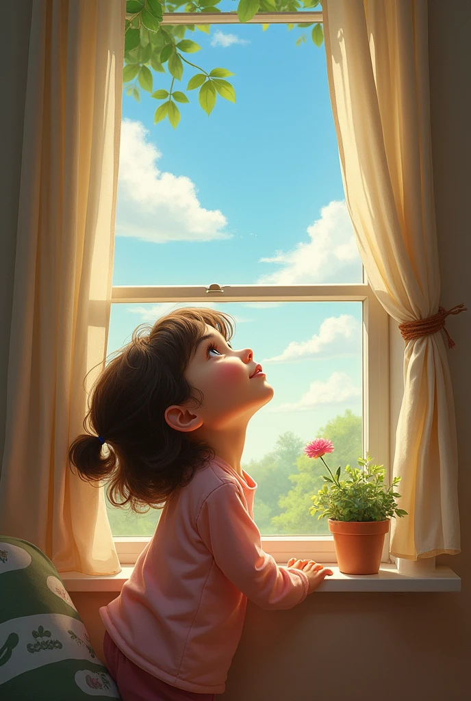 A young girl putting her head outside window facing upwards